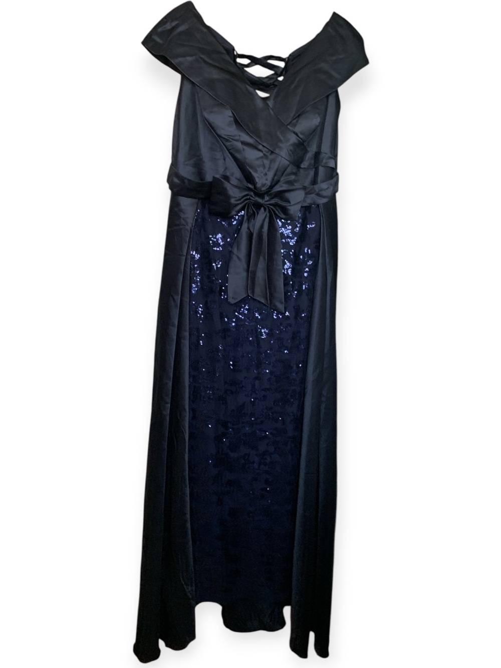 Midnight Blue Satin and Sequin Evening Gown with Bow
